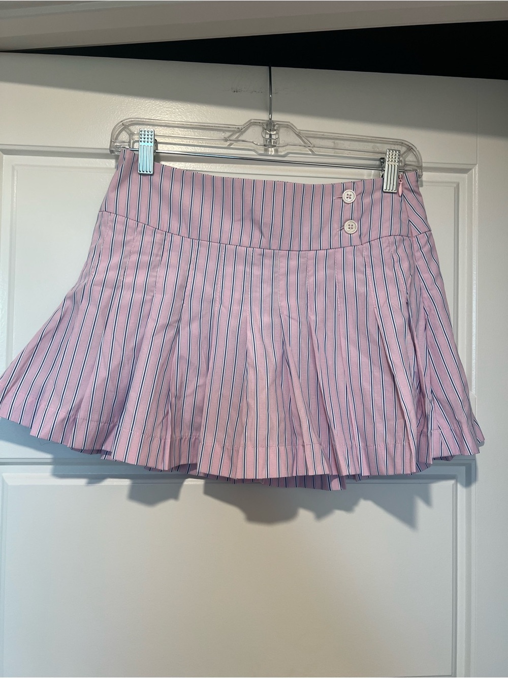 Nia Pink Striped Pleated Mini Skirt with button low mid rise